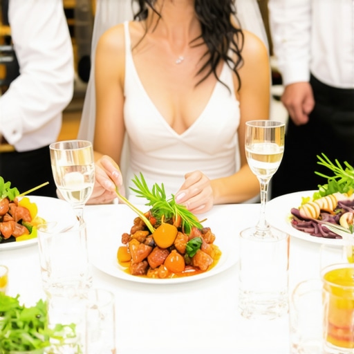 Wedding Reception with Gourmet Catering Professional servers presenting gourmet dishes at a wedding reception