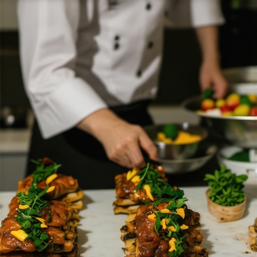 Contemporary Wedding Catering Scene Chef preparing gourmet wedding dishes with sleek kitchen setup