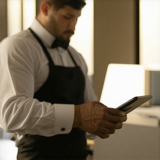Wedding servers using digital tablets to coordinate service in a modern wedding setting