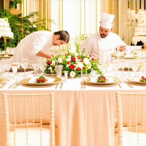 High-end wedding setup showcasing private chefs, delivery stations, and eco-friendly presentation of gourmet dishes.