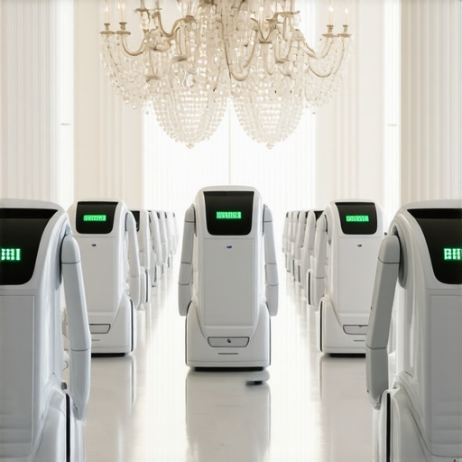 Autonomous delivery robots servicing a luxurious wedding reception, showcasing advanced technology integration.