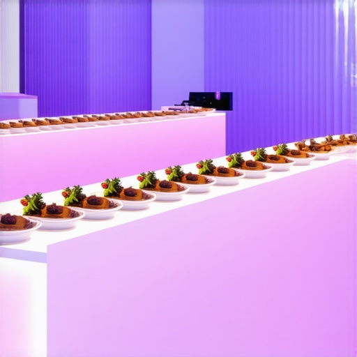 High-end wedding scene featuring advanced culinary displays, AR previews, and multisensory ambiance