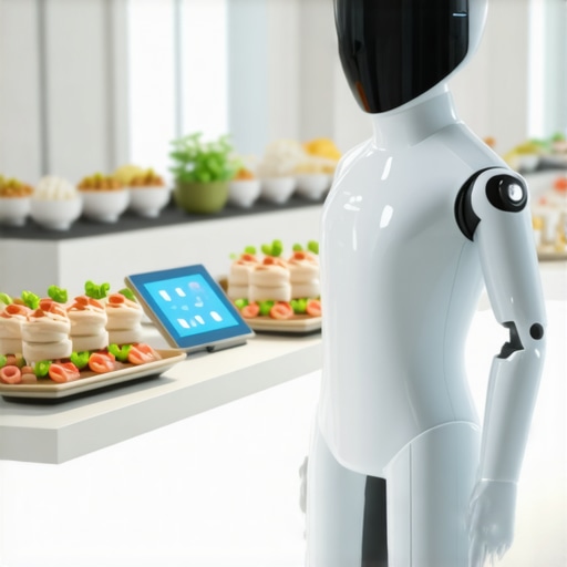 Futuristic Wedding Catering with Robotics Robotic servers attending to guests at a luxury wedding reception.