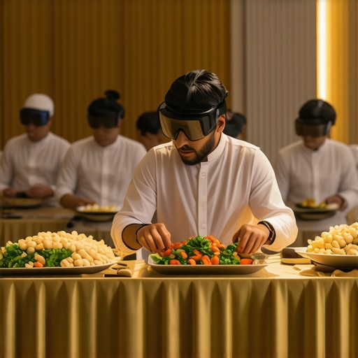 Futuristic wedding catering technology Catering staff utilizing augmented reality devices during a wedding event.