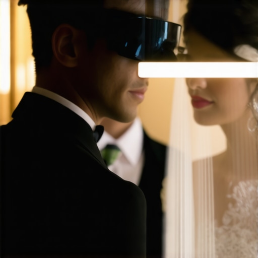 High-tech wedding service with AR assistance Wedding servers utilizing augmented reality devices to enhance guest service in an elegant setting