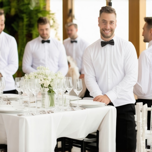 Wedding staff efficiently serving guests in a contemporary reception hall