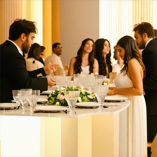 Guests at a wedding enjoying live cooking stations with elegant decor and heightened ambiance