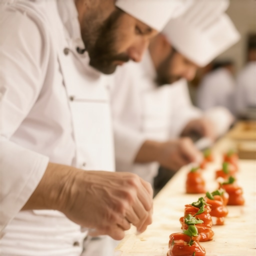 Elegant wedding reception showcasing personalized gourmet dishes prepared by private chefs and delivery stations in a lavish setting.