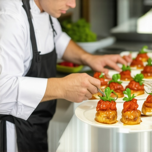Private chef and staff preparing gourmet wedding dishes in a modern kitchen.