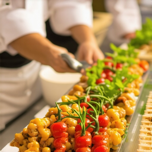 Sophisticated wedding buffet with fresh ingredients and sleek presentation style.