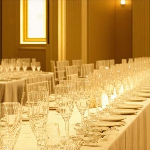 Modern Wedding Reception with Efficient Staffing Wedding reception scene emphasizing efficient private chef and server setup.