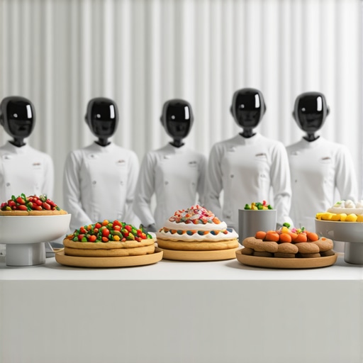 Robotic servers and chefs collaborating at a wedding event