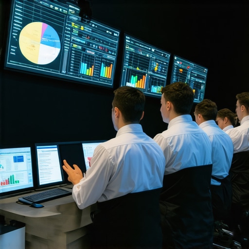 Catering staff monitoring real-time guest data and server deployment through high-tech dashboards.