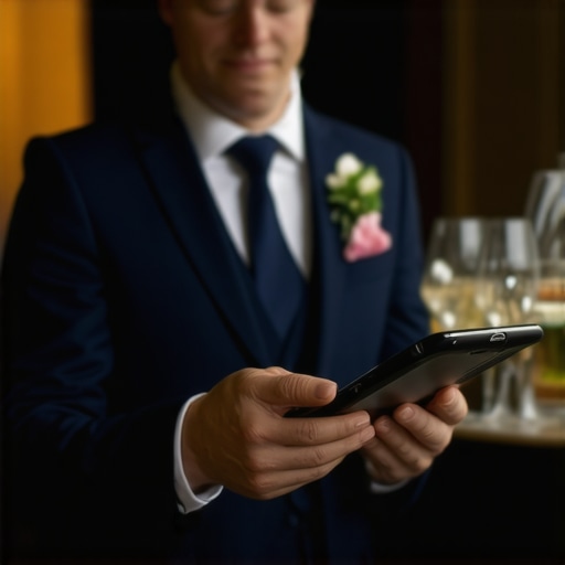 Smart Wedding Service Interaction Wedding staff using tablets to personalize guest service in a high-tech reception setting.