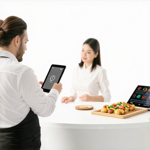 Smart Wedding Service Technology Sensors monitoring food temperature at a wedding with staff using tablets for data analysis.
