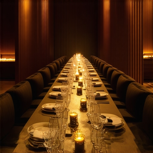 Luxurious private dining table with gourmet dishes and artistic plating.