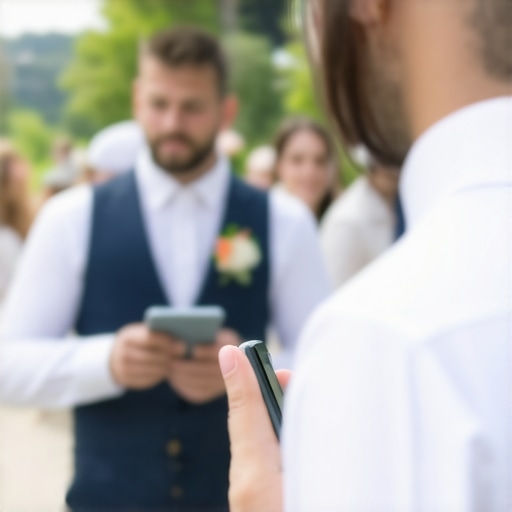 Tech-Savvy Wedding Staff Wedding staff using tablets and headsets at outdoor wedding reception