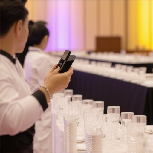 Servers using augmented reality glasses during staff training in a luxurious event setting