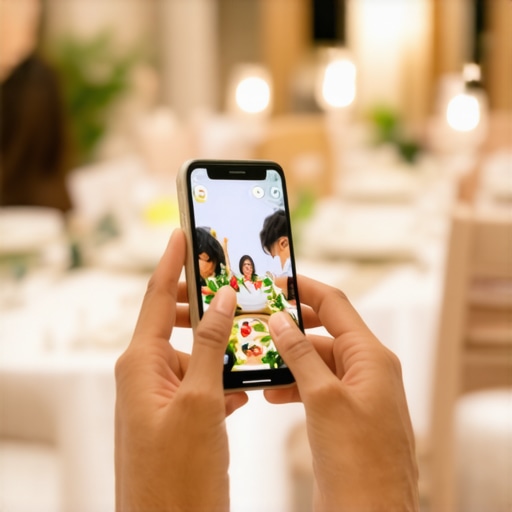 Guests interacting with AR overlays showing dishes at wedding event.