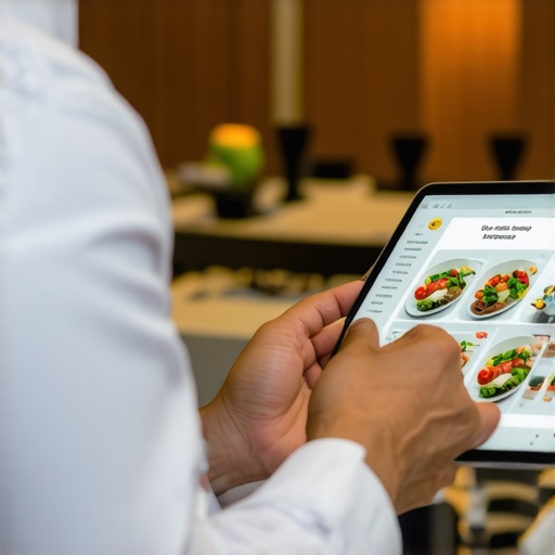 A chef consulting a tablet with digital guest profiles at an upscale event.