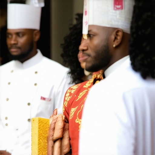 Servers dressed in traditional cultural attire attending a multicultural wedding event.