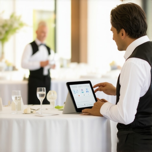 Wedding staff using tablets to coordinate service at a modern wedding reception.