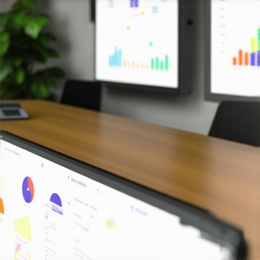 Conference room with digital tablets and analytics screens focusing on event budgeting