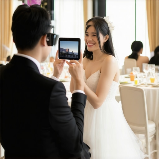 Future of Luxury Wedding Dining Guests experiencing AR-enhanced wedding meal.