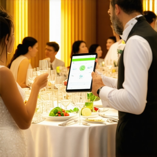 Guests at wedding using AR technology, private chef preparing eco-friendly dishes in a high-end setting.