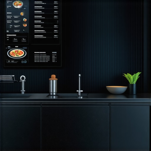 A modern private chef kitchen featuring augmented reality interfaces and internet-of-things kitchen appliances