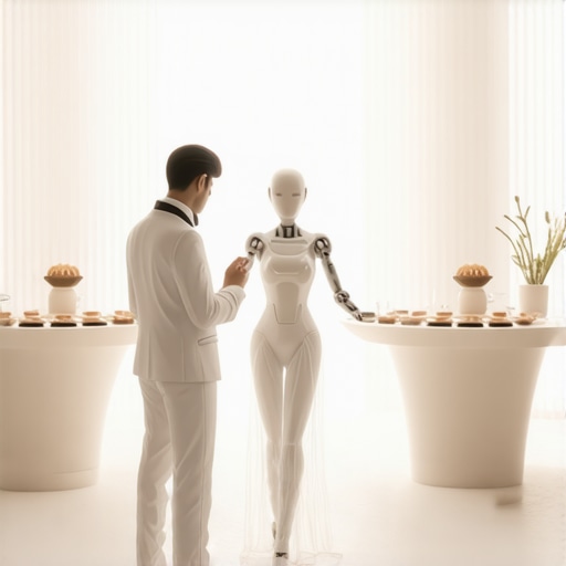 Robotic servers, AR interfaces, and personalized culinary stations at a modern wedding event.