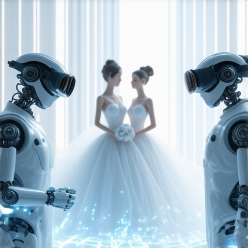A modern wedding setup showcasing robotic servers, immersive virtual reality elements, and dynamic lighting