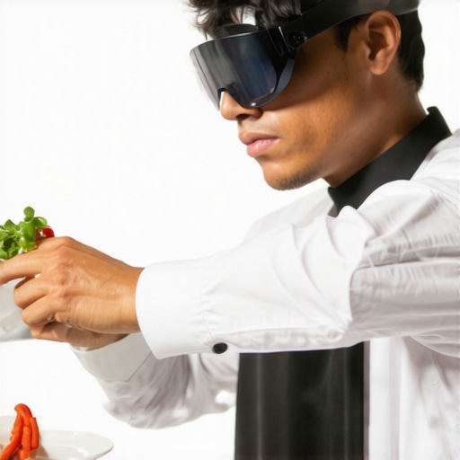 Guest engaging with augmented reality display of gourmet dish details during private dinner