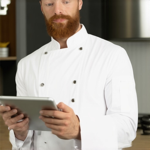 Private chef consulting digital tablet in a high-tech kitchen environment