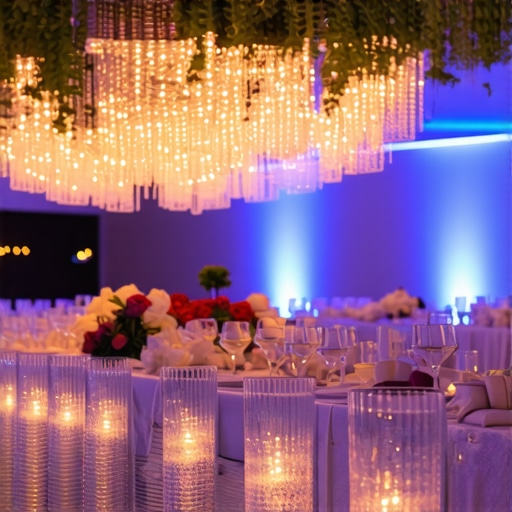 Wedding reception with ambient lighting, scented candles, and textured table settings.