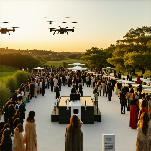 Futuristic event with augmented reality, drones, and biometric monitoring creating an innovative guest experience.