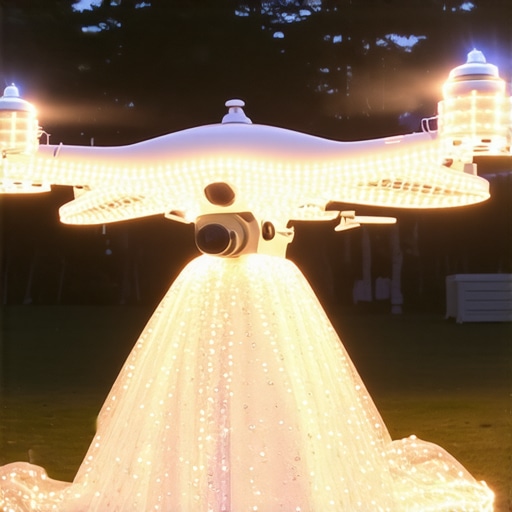 A drone delivering wedding supplies at sunset over a landscaped venue