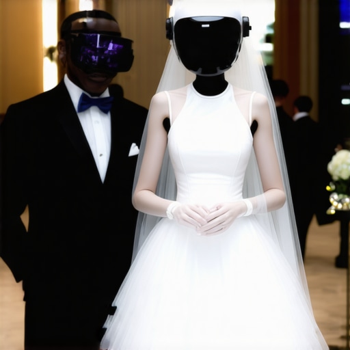 Wedding staff using augmented reality and robots coordinating service in a modern event venue