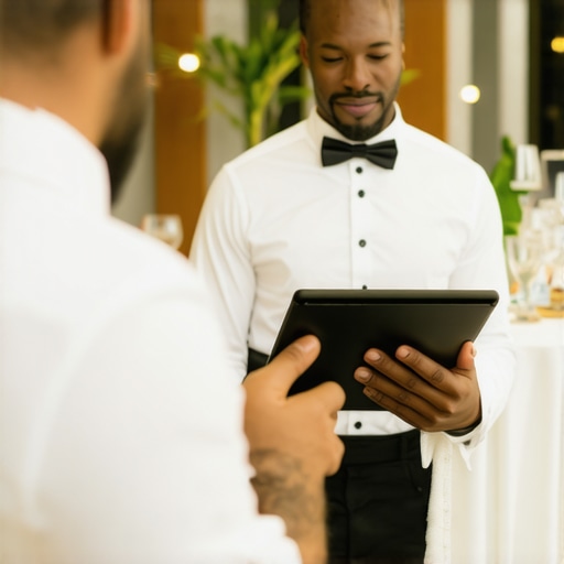 Wedding servers managing guest interactions with digital devices and automation tools.