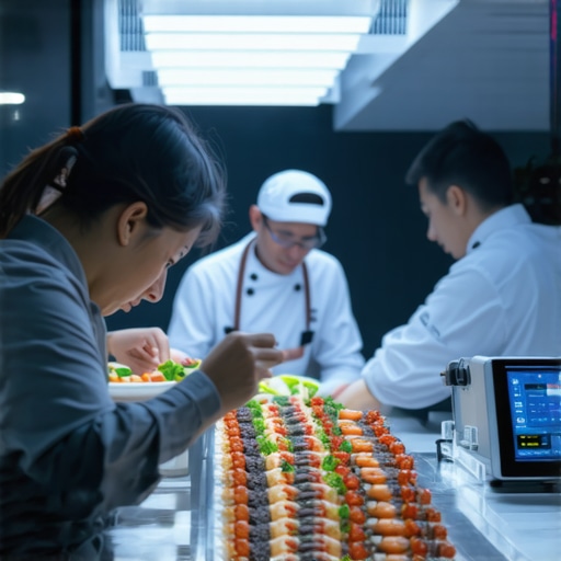 Event staff utilizing augmented reality menus with high-tech kitchen in background.