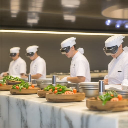 Futuristic event catering kitchen featuring robotic chefs, AR tablets, and automated appliances.