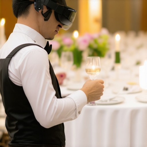Wedding server with AR glasses overseeing multiple tables