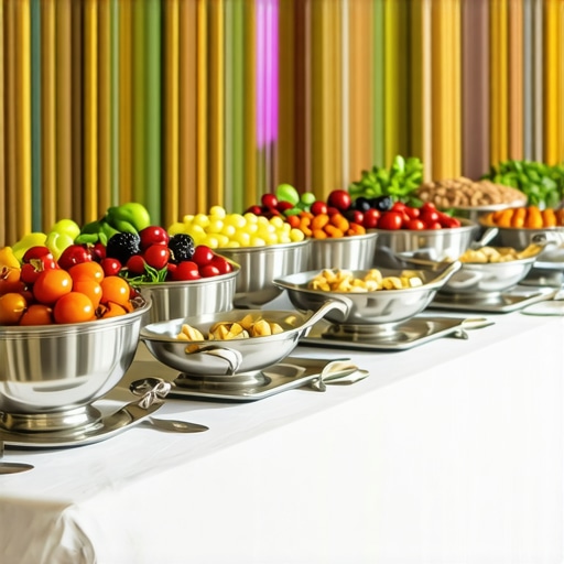 A beautifully arranged wedding buffet with creative plating and interactive food stations.