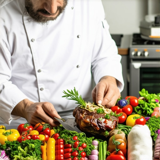A professional chef meticulously preparing a gourmet dish in an opulent wedding setting.