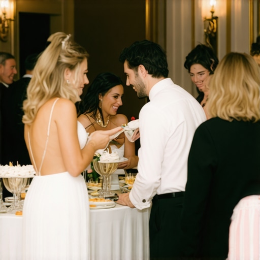 An upscale wedding reception with sophisticated cuisine and decor