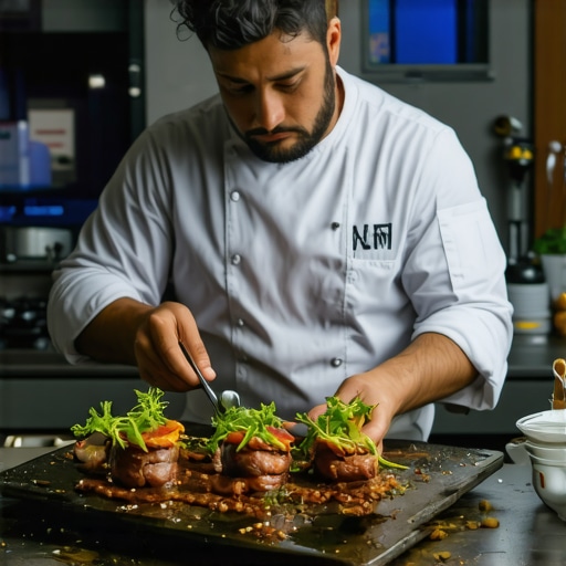 Private chef using advanced culinary tools to craft innovative wedding dishes