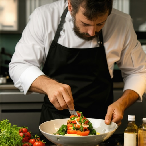 A private chef garnishing a vibrant seasonal dish in a sleek kitchen environment.
