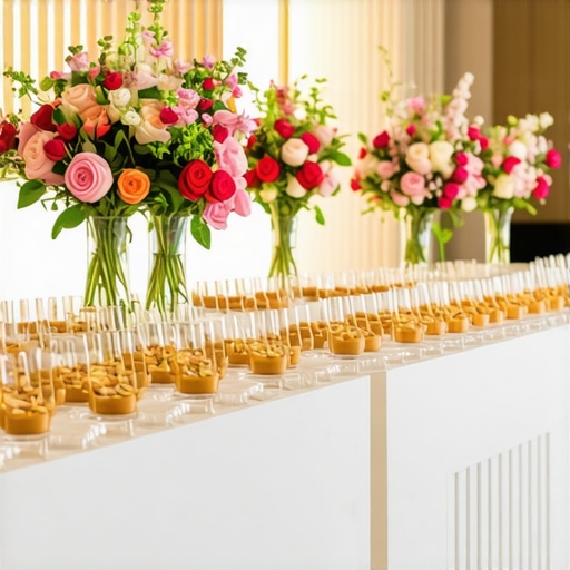 Wedding catering station decorated with seasonal flowers and modern tableware