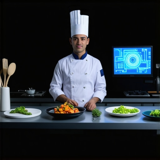 A modernized private wedding kitchen with augmented reality and robotic cooking systems.