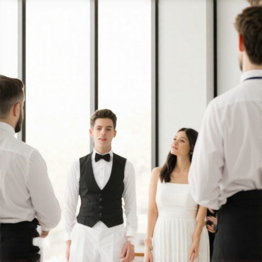 Diverse wedding staff participating in cross-training exercises during a wedding event workshop.